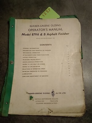 Barber Greene Olding Operator Asphaltfinisher Manual 1960