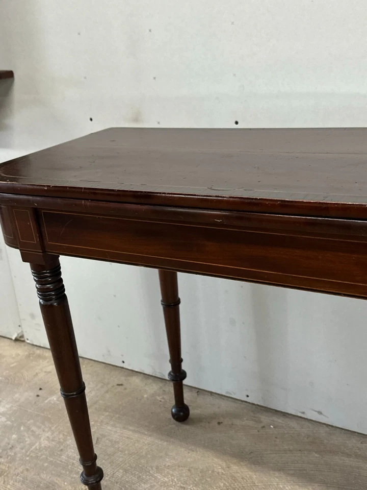 Antigua mesa de sala de juegos de cartas línea caoba incrustación 1820 federal sheraton bonita Foto 4 de 4