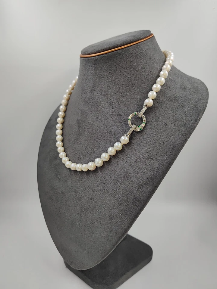 Collar de perlas de mar genuinas cadena de cuentas de gargantilla chapado en oro blanco de 7,8-8,0 mm Foto 2 de 4