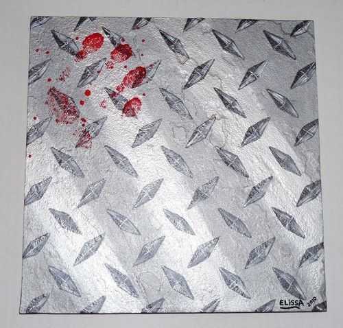 Faux Silver Metal Diamond Plate 3D Flagstone Industrial Art Painting By Artist - Picture 9 of 12