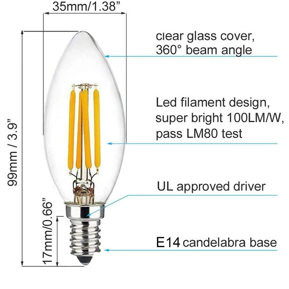E14 LED Candle Light Bulbs Candelabra Chandelier Bulbs Replacement 40W 60W 2700K - Image 2 of 4
