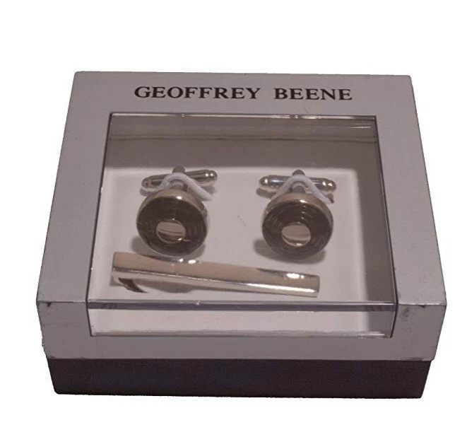 Gemelos Geoffrey Beene barra de corbata en caja círculo de rodio en forma de T plateado negro Foto 2 de 3