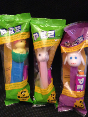 Retired 1990 s Lamb/Bunny/Egg Chick Pez Dispensers New In Factory Sealed Pkg.