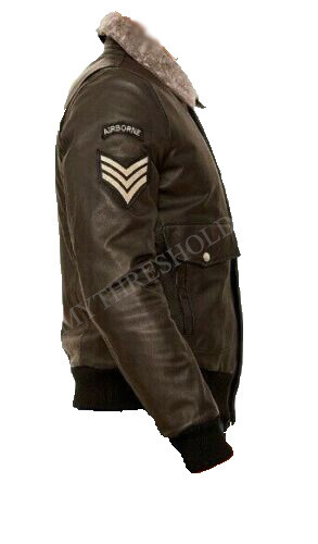 Mens Aviator Black Bomber Fur Collar Genuine Real Leather Winter Jacket - Picture 3 of 5