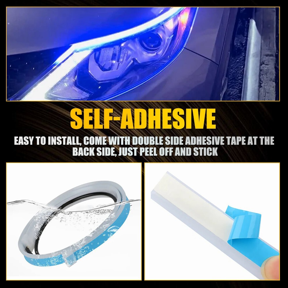 2X Car Headlight 60cm APP RGB Sequential Flexible LED DRL Daytime Running Strip