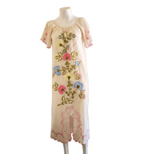 Mexican floral embroidered cream pastel maxi dress vintage Romantic Mexico ethni
