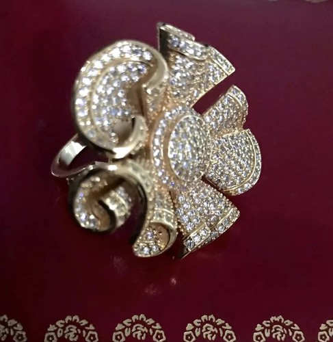 STUNNING 18K Yellow Gold Haute Couture Pave CZ 3D Flower Ring Vermeil &Keychain - Picture 7 of 13