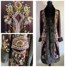 Cappotto spolverino SUE WONG ricamato 100% seta pelliccia sintetica orlo (taglia 6)