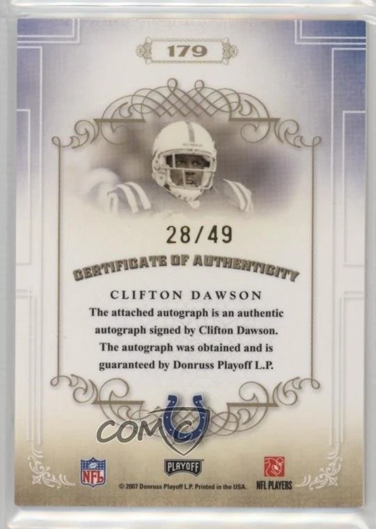 2007 Playoff National Treasures /49 Clifton Dawson #179 Rookie Auto RC - Image 2 of 2