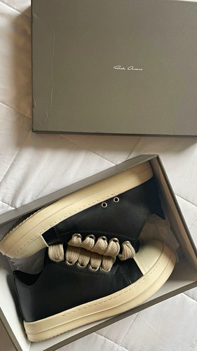 Rick Owens Men’s Black Leather Low-Top Lace-Up Sneakers Ivory Sole US 10.5
