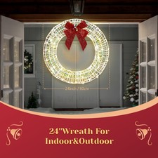 24in Christmas Wreath Pre-Lit with Lights, Bows for In/Outdoor Holiday Decor