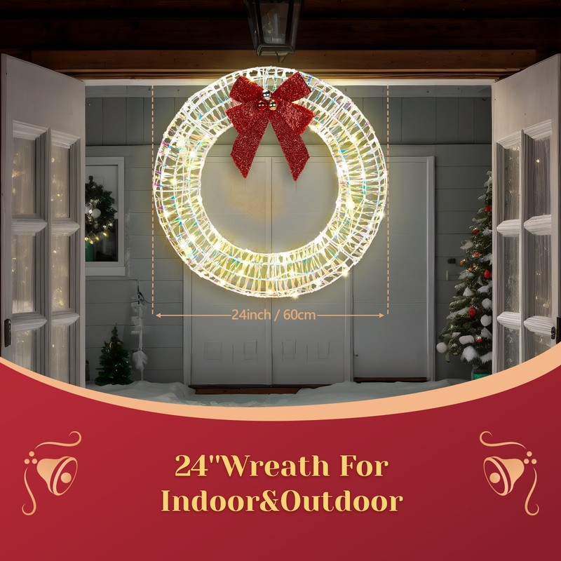 24in Christmas Wreath Pre-Lit with Lights, Bows for In/Outdoor Holiday Decor