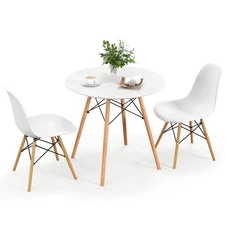 3 Pieces Dining Table Set Modern Round Table & 2 Chairs w/ Wood Leg White