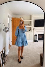 FALMER Heritage Blue Denim Square Neck Puff Sleeve Fit & Flare Knee Dress 8