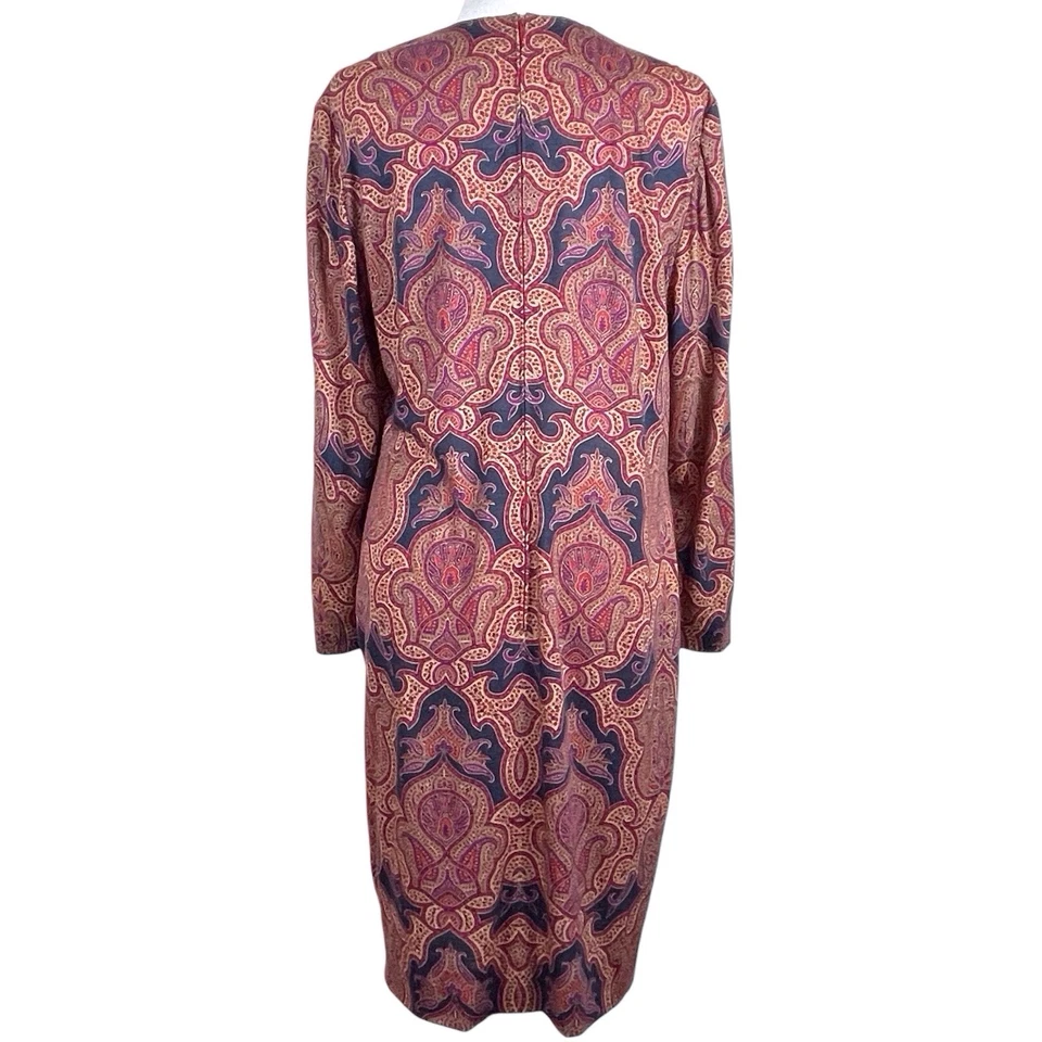 LUISA SPAGNOLI Wool Shift Dress Size 48 US 14 Long Sleeve Paisley Jewel Tones - Image 3 of 4