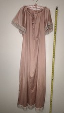 Vintage 60s Rose Pink Satin Nylon Nightgown Maxi Lace Flutter Sleeve Lingerie OS