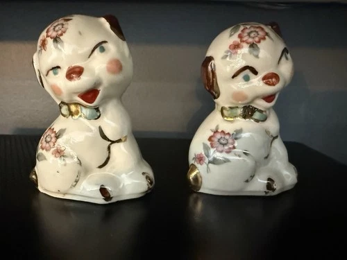 Rare Vintage Shawnee Art Pottery Miniature Puppy Dogs - Gold Trim & Floral