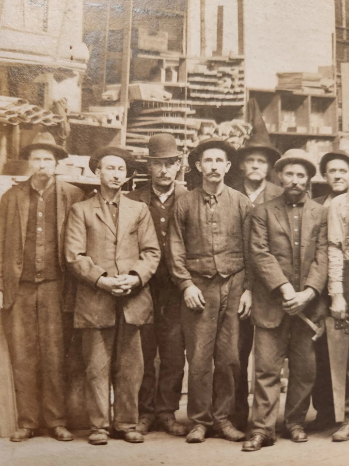 antique MEN AT WORK CARD PHOTO 1900s industrial hammers group photo 10 x 12" - Image 4 of 4