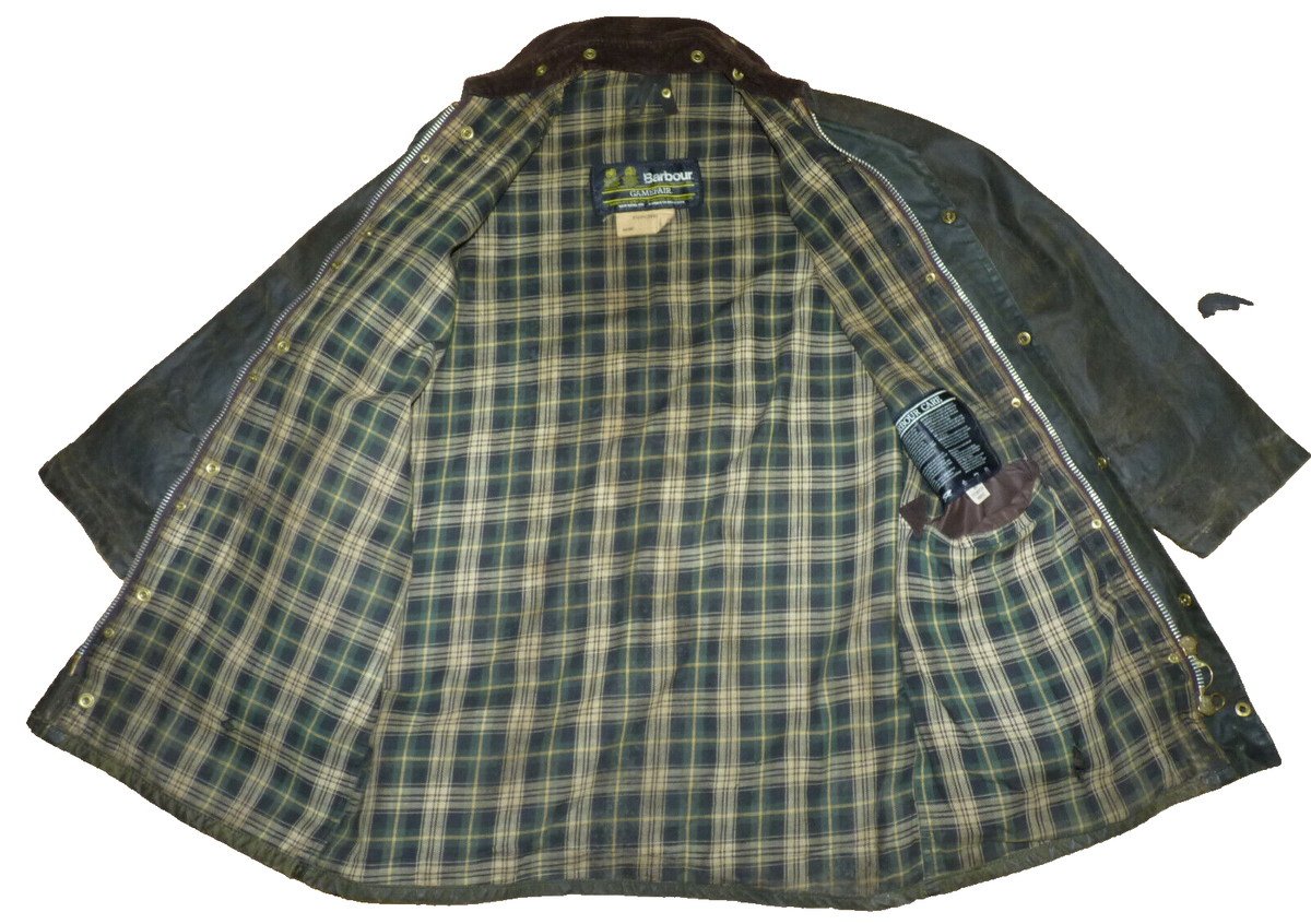 Vtg 1980s BARBOUR Gamefair 2 Crest WAXED Jacket Green Size Vtg 1980s BARBOUR Gamefair 2 Crest WAXED Jacket Green Size