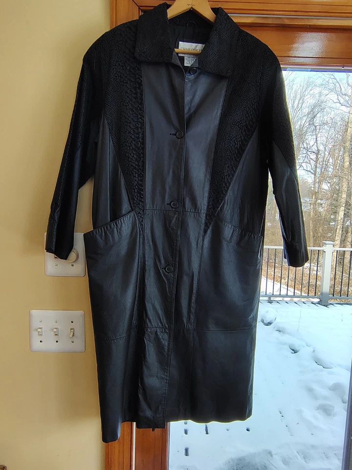 Vintage 90s Charles Klein Black Leather Long Duster Trench Coat Women Sz Small 