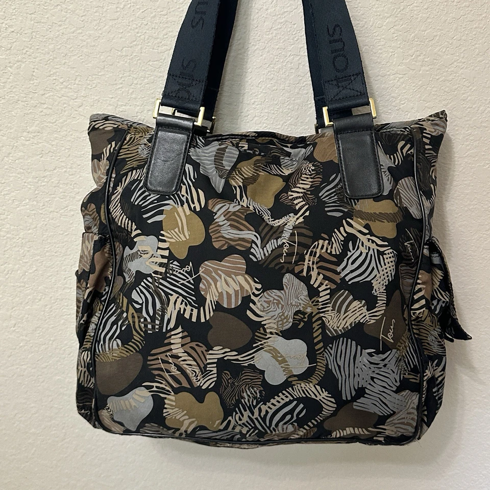 TOUS Bag Tote Shoulder Nylon Brown Multicolor All Over Striped Teddy Bears Logo