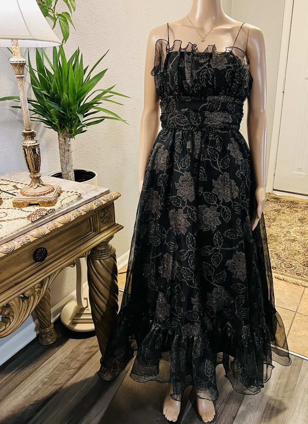 Vintage JCPenney Long Black Dress Gold Glitter Flocki… Gem