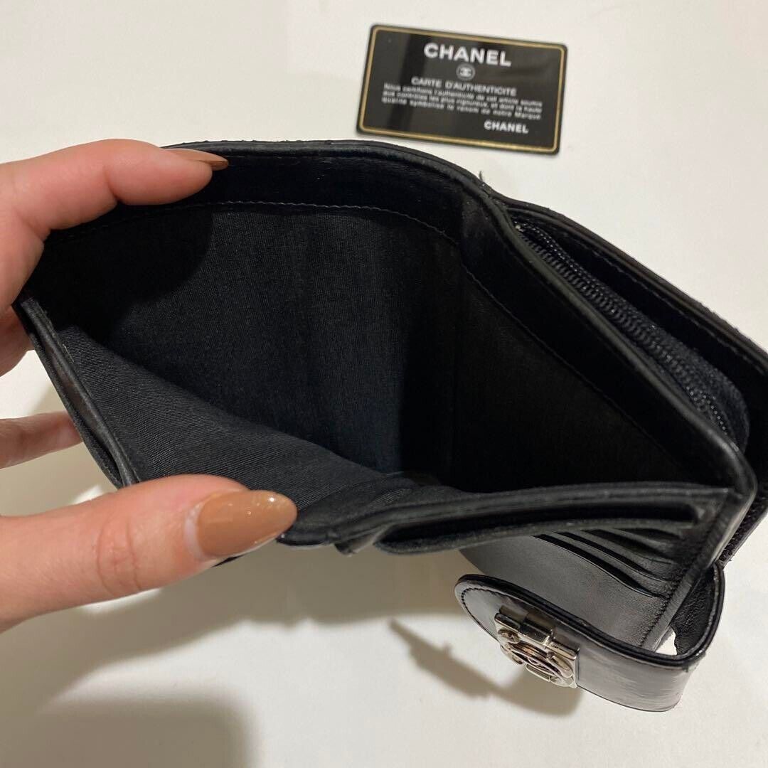Authentic CHANEL boy chanel bi-fold wallet Purse black enamel Patent  leather