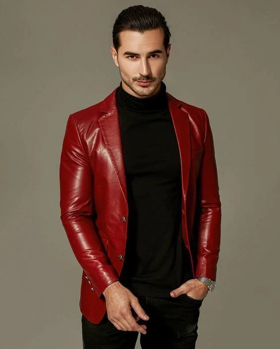 Real Lambskin Genuine Leather Stylish Business Formal Red Handmade Men Blazer - Image 2 of 4
