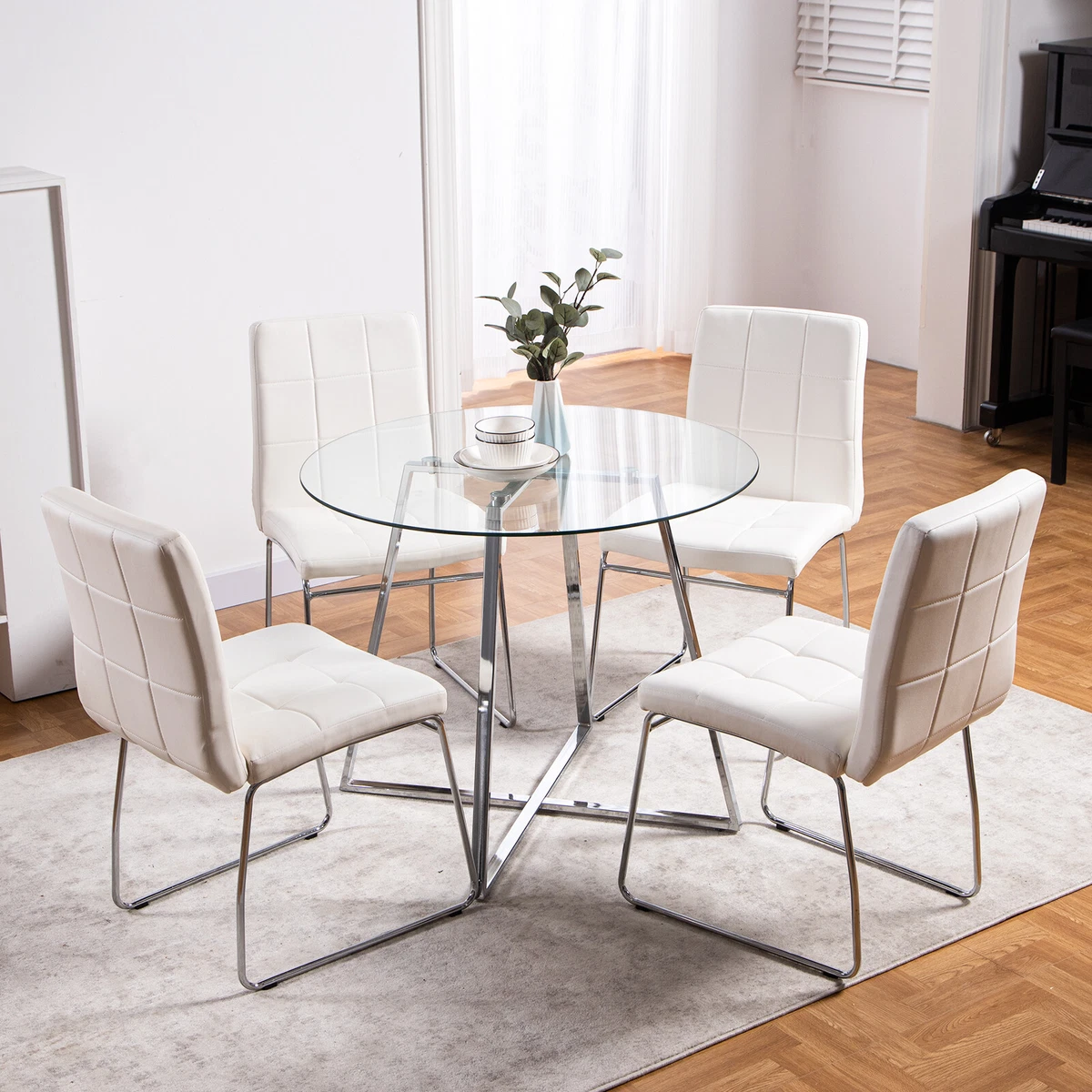 Round Glass Dining Table Set Modern Kitchen Table and PU Leather