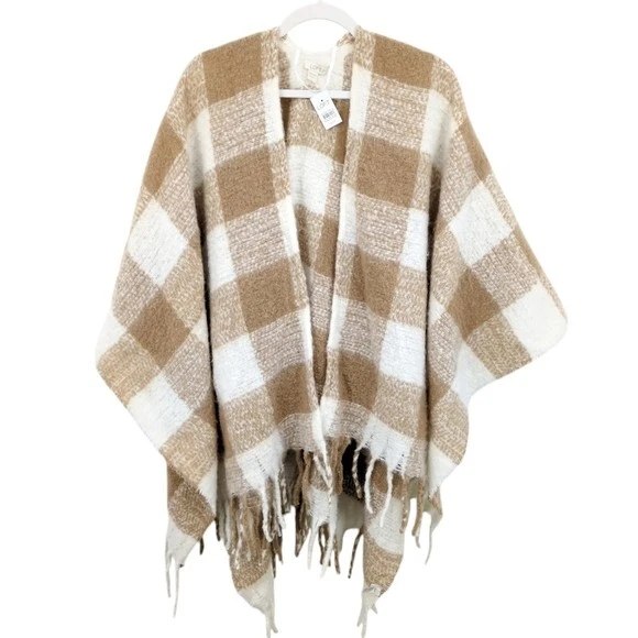 NUEVO Poncho Loft Buffalo Check Wrap Chal Tostado y Blanco Talla Única Suave Foto 2 de 4