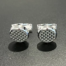 925 Sterling Silver Bevel Edge Round Gray Carbon Fiber Cufflinks In Box Men Gift