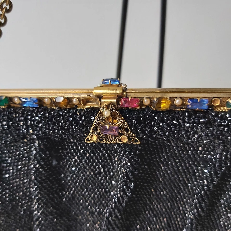 Vintage Antique Black Micro Bead And Multicolor Jewel Evening Bag Handbag Purse - Image 4 of 4