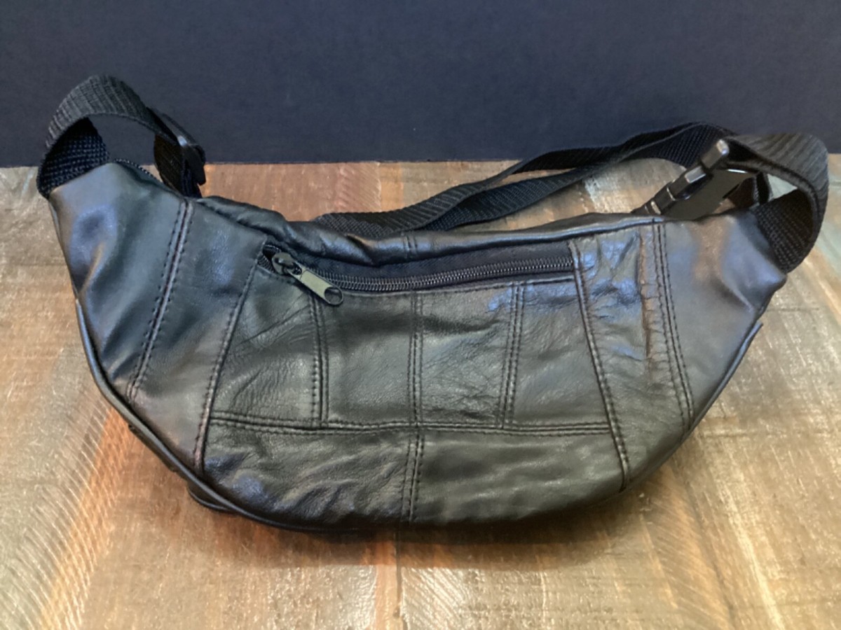 Vintage 80s black Leather Fanny Pack Waist Belt Bag 5 separate