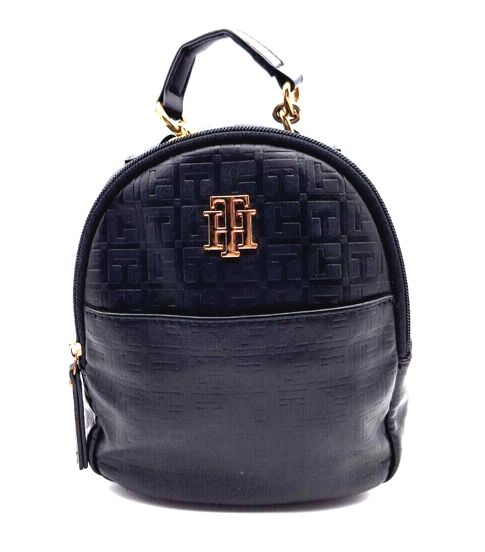 Tommy Hilfiger Black Faux Leather Logo Print Mini Backpack Purse Gold Logo