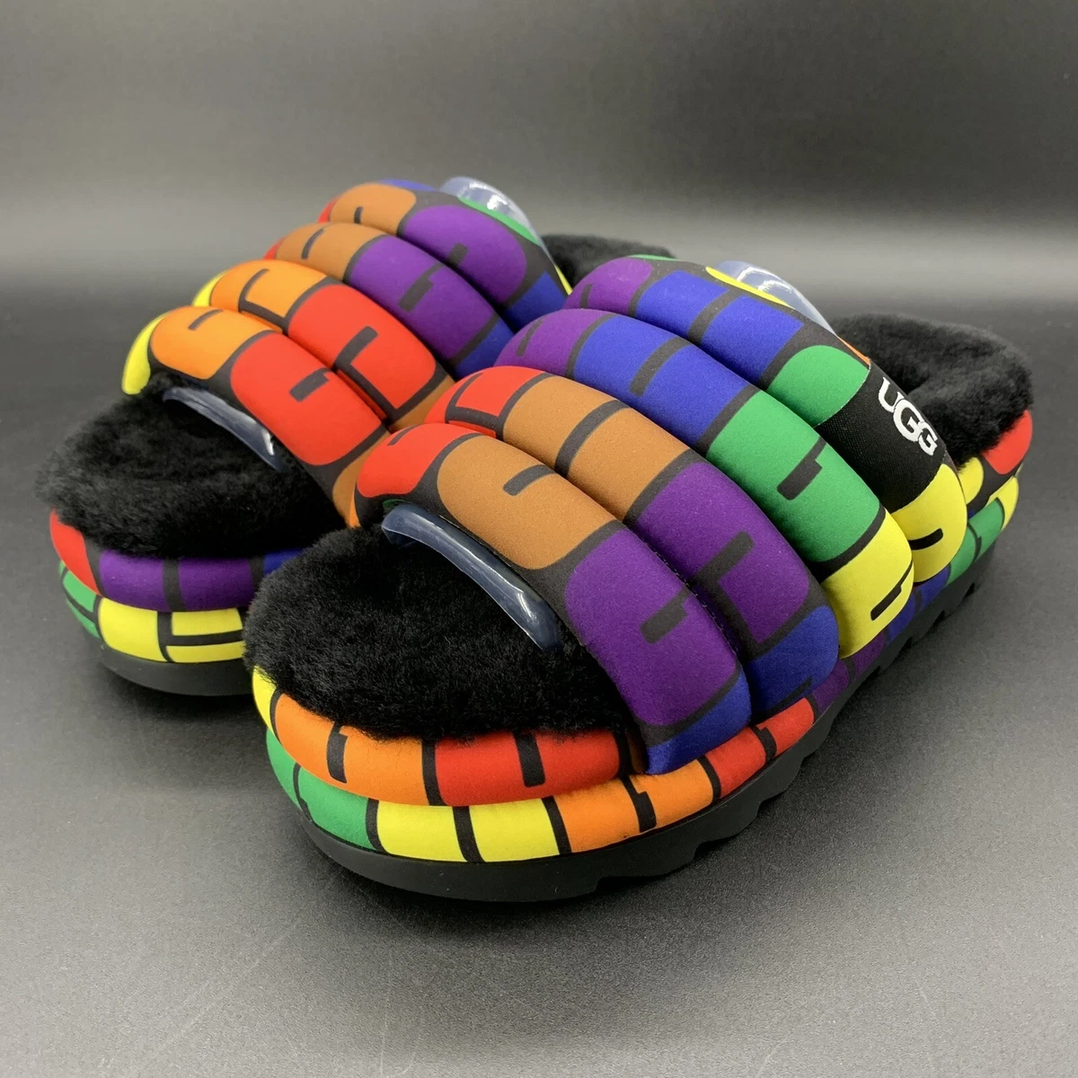 UGG MAXI PRIDE SLIDE WOMENS SIZE 7 US RAINBOW PUFF SATIN PLATFORM