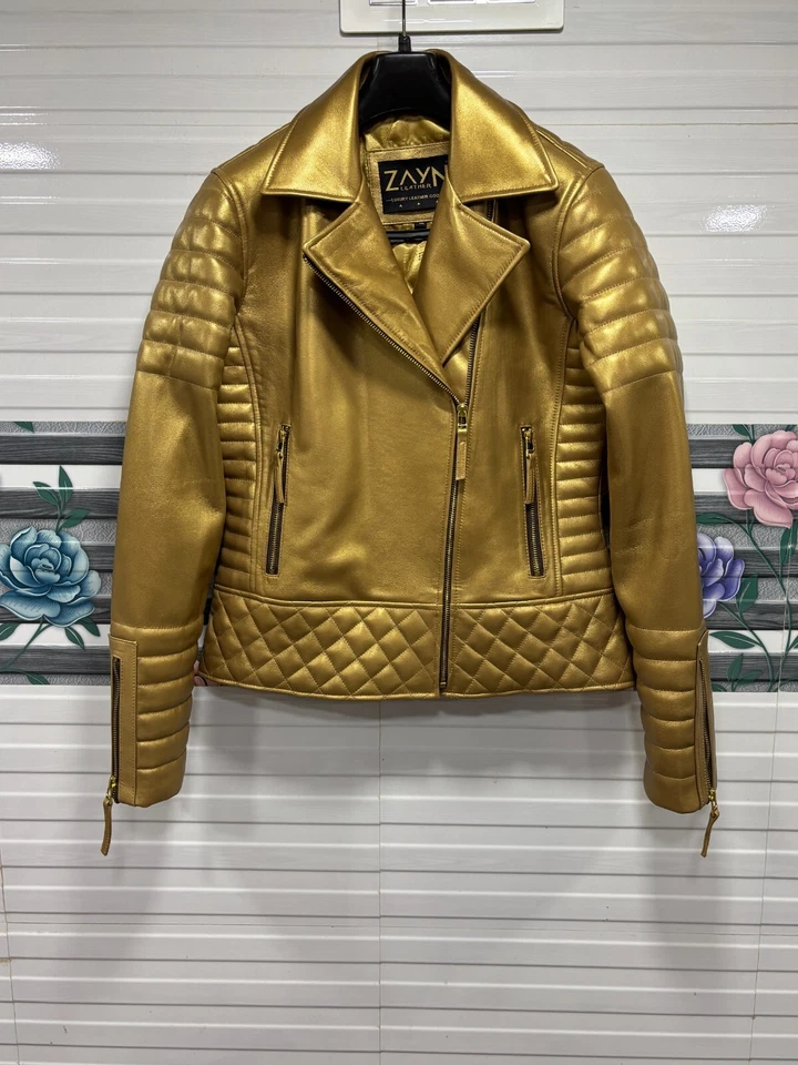 Женская золотистая металлическая цветная мотоциклетная куртка из натуральной кожи стеганая байкерская куртка - Изображение 3 из 4