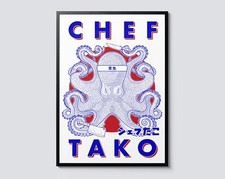 Chef Tako Modern Illustration, Cartoon Octopus Chef Portrait Wall Art, Japanese