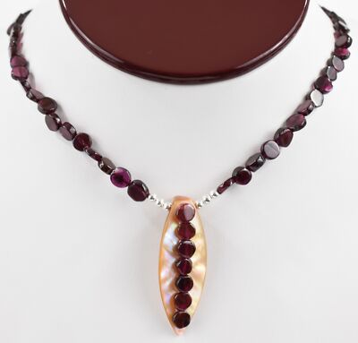 Genuine Garnet Bead & Mother of Pearl Leaf Drop 19'' Necklace Sterling Silver 925