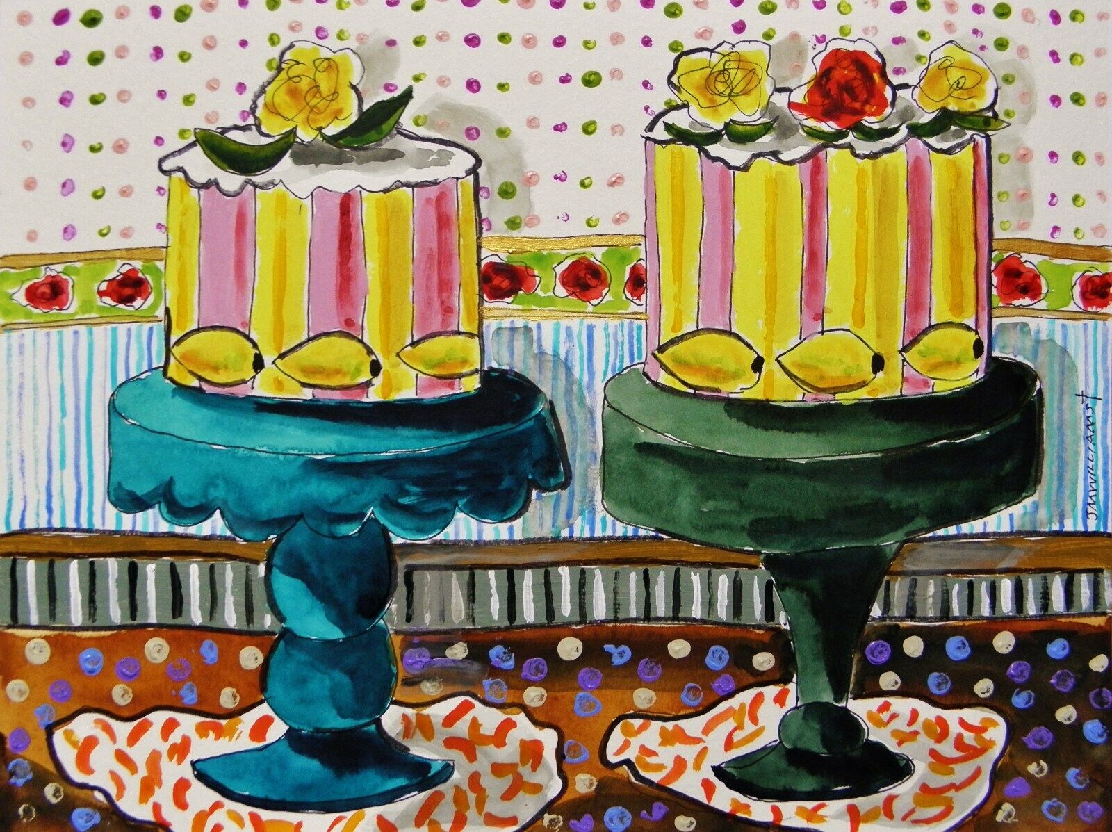 Original Bakery Sketches Cakes Food Watercolor Impressionism