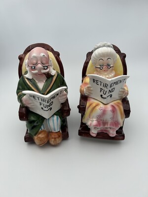 Vintage Lefton Retired Grandma & Grandpa Couple Ceramic Banks Japan