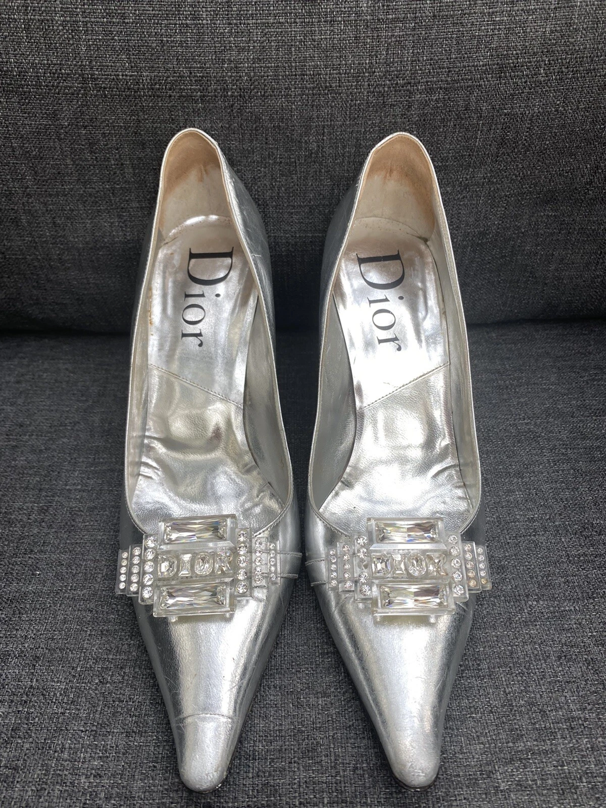 Chaussures cocktail soirée argent métallisé Dior cristaux Swarovski boucles talons 38