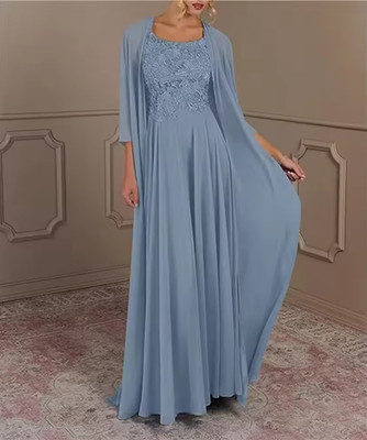 2 Piece Mother Of Bride Dresses Plus Size With Jacket Long Chiffon Lace Applique