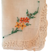 11" Orange Yellow Flower Embroidered Vintage Hankie Handkerchief