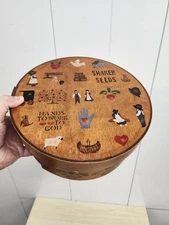 Antique Round Wood Pantry Box with Amish Painted on the Lid American Primitive