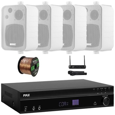 Pyle USB-A FM MP3 Audio Receiver, 4x 4'' 30W Indoor/Outdoor White Speakers W/ Mic