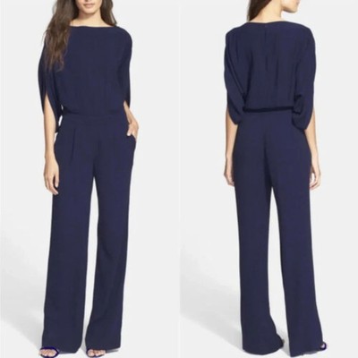 DIANE von FURSTENBERG Navy Purple Dezi 1/2 Sleeve Crepe de Chin Pant Jumpsuit 8