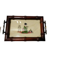 Vintage 1978 Japanese Geisha Cross Stitch Girl in Kimono Framed Tray