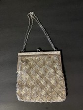 Vintage Silver Beaded Evening Bag Purse Metal Frame Kiss Lock Bridal Formal VTG