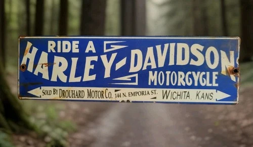 Vintage Harley Davidson Motorcycles Porcelain Sign Wichita Kansas Indian Gas Oil