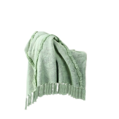 50" X 60" Green Woven Cotton Throw Blanket with Fringe - Picture 3 of 9